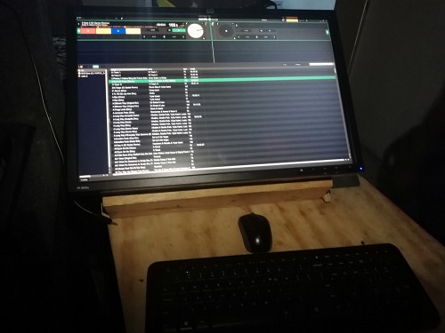 Computer, Numark turntable, behringer pro mixer, a