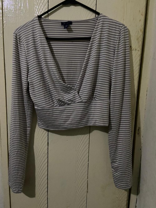 Stripe Gray Skirt Suit Set, Size Large.