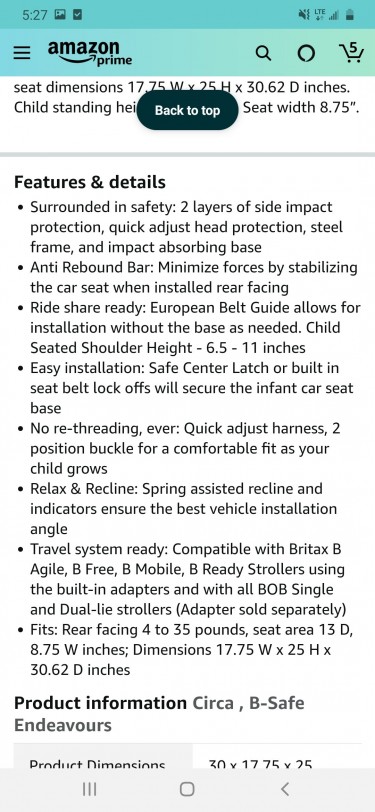 BRITAX B-SAFE ENDEAVORS INFANT CAR SEAT 4-35 Lbs