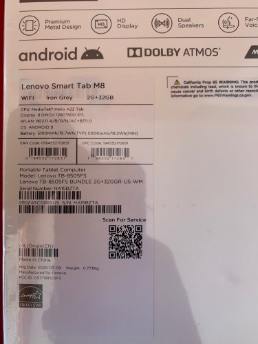 New 8” Lenovo Smart Tab M8 Tablet With 32GB Storag