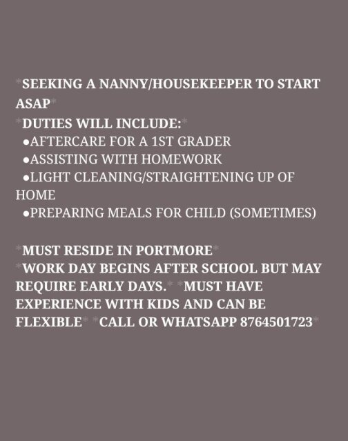 Portmore Housekeeper/Nanny Needed
