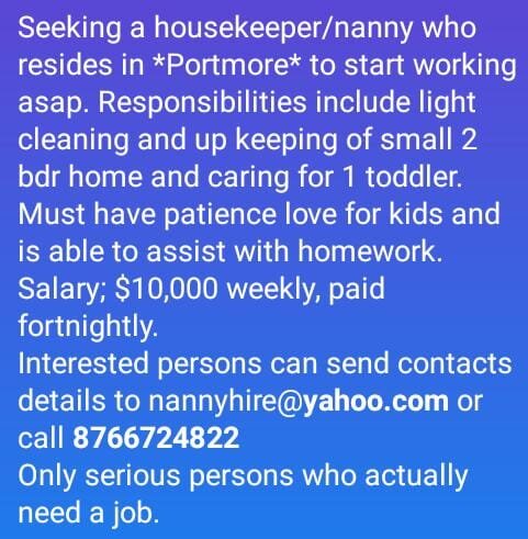 Housekeeper/Nanny Needed In PORTMORE