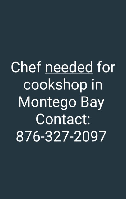 Chef Needed For Cookshop In Montego Bay