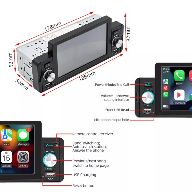 Car Radio 1 Din Apple CarPlay Android Auto