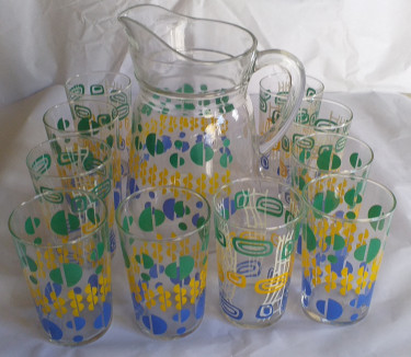 Green Yellow/Blue Juice Set-Jug With 10 Glasses 