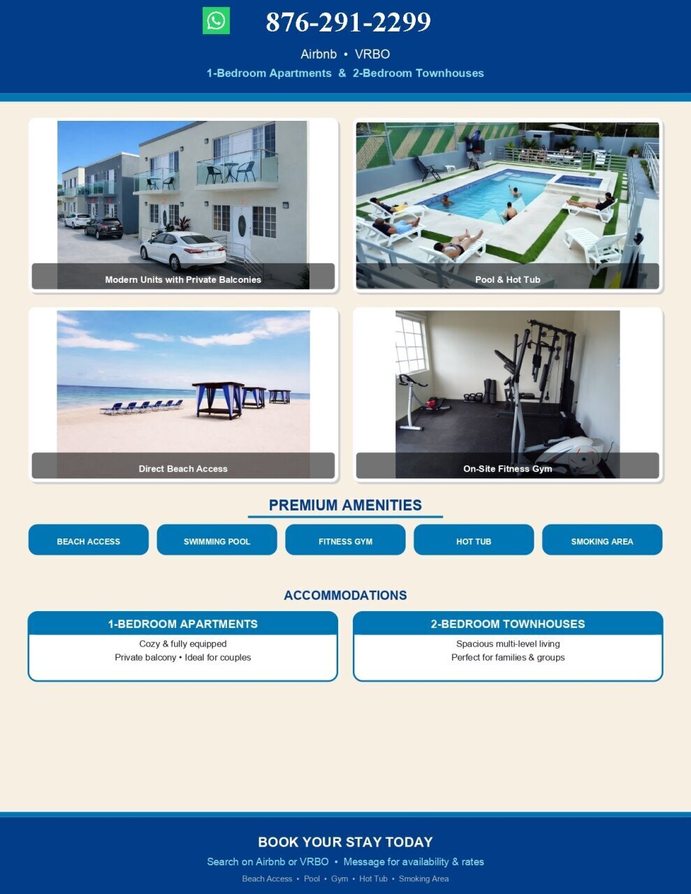 (BEACH ACCESS,POOL,GYM,HOT TUB,SMOKING AREA) U$125