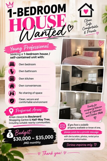 I’m Seeking A 1 Bedroom House