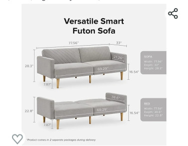 Futon Sofa Bed, Convertible Sleeper, Gray