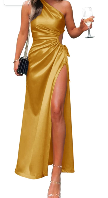 One Shoulder Gold Satin Dress - High Split