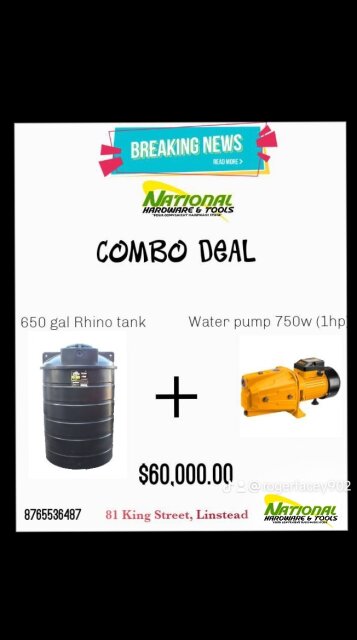 650 Gal Rhino Water Tank + 1hp Water Pump 750w