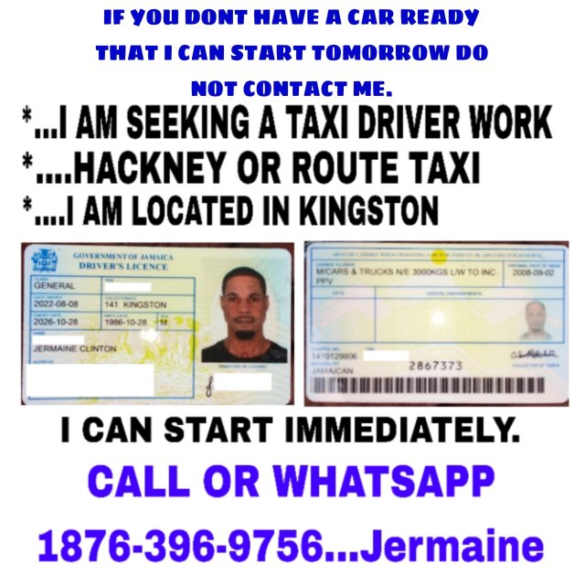 Seeking A Car To Operate, White Plate Or Taxi.
