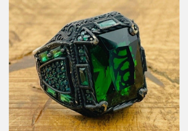 Silver Mens Ring, Green Simulated Emerald Square