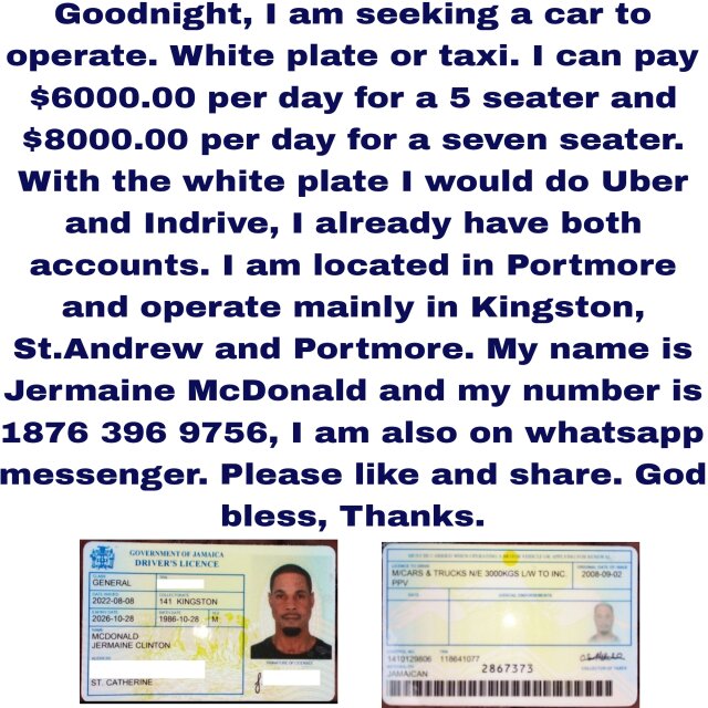 I Am Seeking A Car To Operate/ Keep And Care.