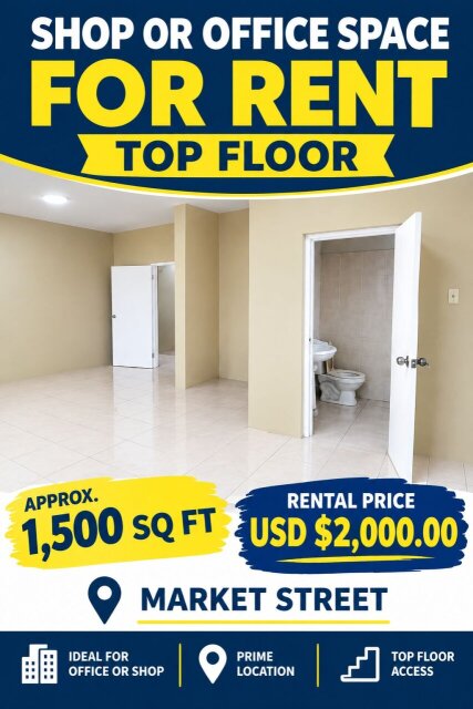 SHOP/OFFICE FOR RENT ON 3RD FLOOR USD$2,000