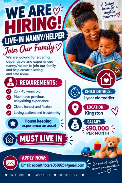 LIVE-IN NANNY HELPER NEEDED IN KINGSTON
