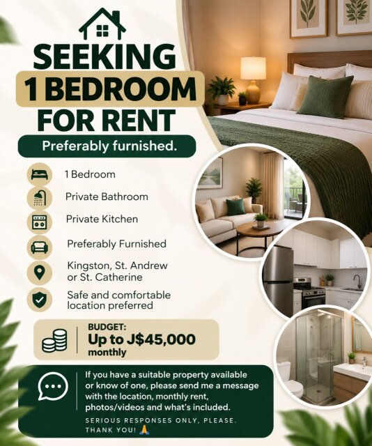 SEEKING 1 Bedroom For Rent. Preferably Furnished.