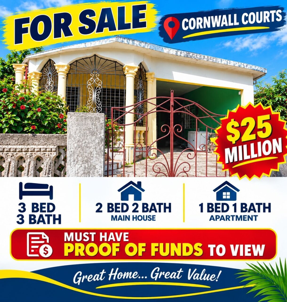 CORNWALL COURTS 3BED 3BATH HOUSE FOR SALE $25 MILL