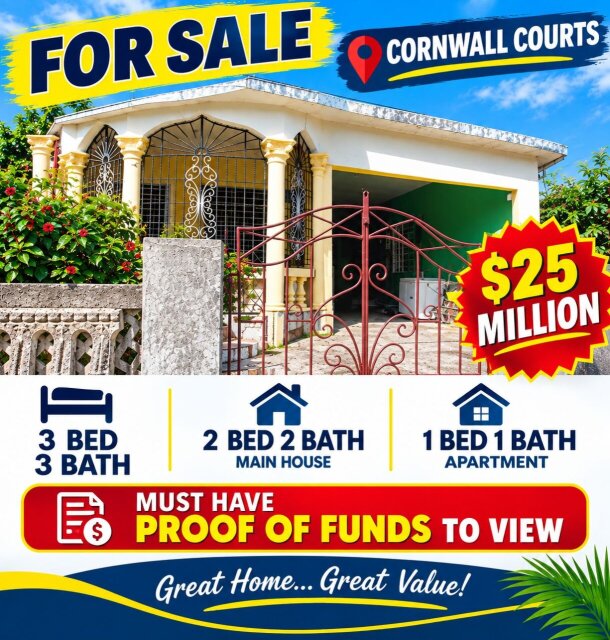 CORNWALL COURTS 3BED 3BATH HOUSE FOR SALE $25 MILL