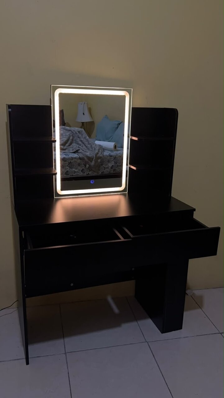 Black Vanity Desk With LED Lighted Mirror For Sale