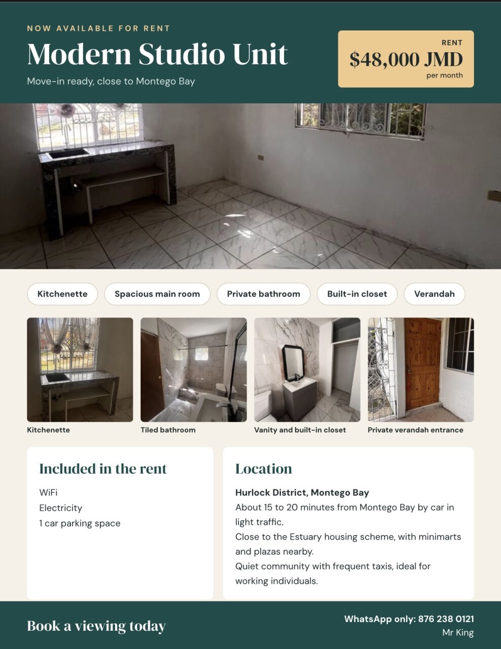 Charming 1 Bedroom Studio for Rent in Montego Bay