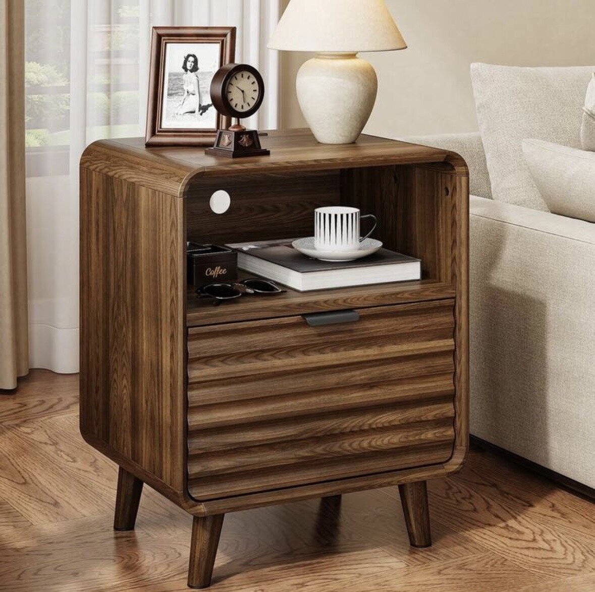 Modern Side/End Table With Charging Station -Brown