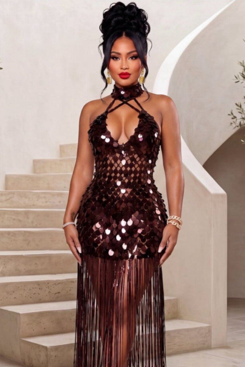 Elegant Chocolate Brown Sequin Fringe Evening Gown